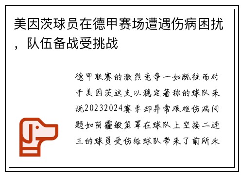 美因茨球员在德甲赛场遭遇伤病困扰，队伍备战受挑战