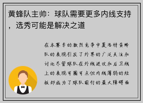黄蜂队主帅：球队需要更多内线支持，选秀可能是解决之道