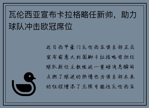 瓦伦西亚宣布卡拉格略任新帅，助力球队冲击欧冠席位