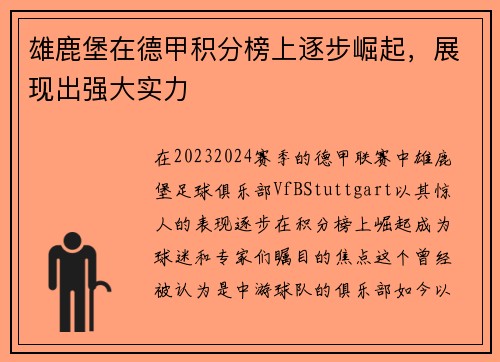 雄鹿堡在德甲积分榜上逐步崛起，展现出强大实力