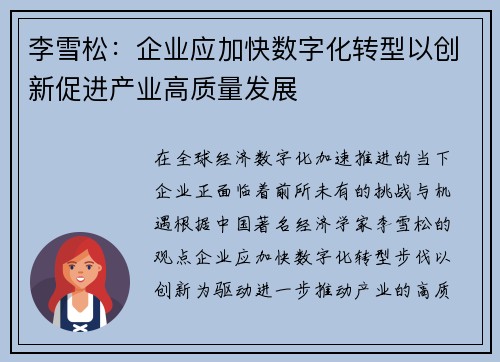 李雪松：企业应加快数字化转型以创新促进产业高质量发展
