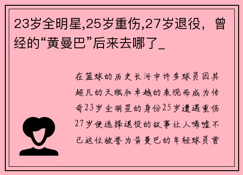 23岁全明星,25岁重伤,27岁退役，曾经的“黄曼巴”后来去哪了_