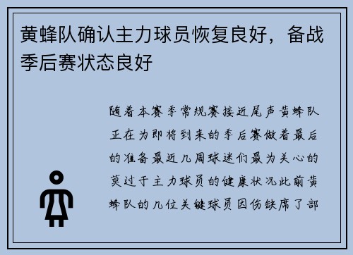黄蜂队确认主力球员恢复良好，备战季后赛状态良好