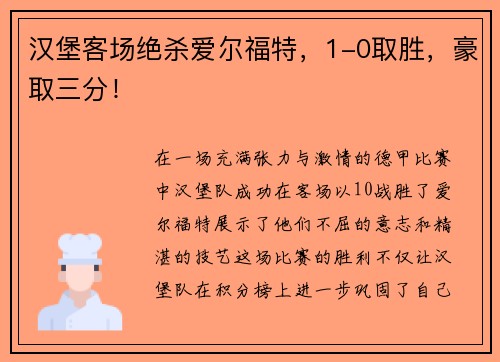 汉堡客场绝杀爱尔福特，1-0取胜，豪取三分！