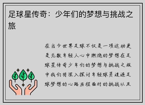 足球星传奇：少年们的梦想与挑战之旅