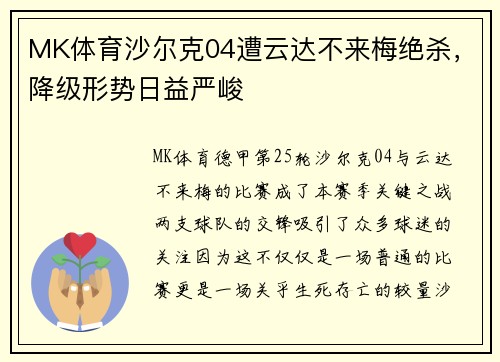 MK体育沙尔克04遭云达不来梅绝杀，降级形势日益严峻